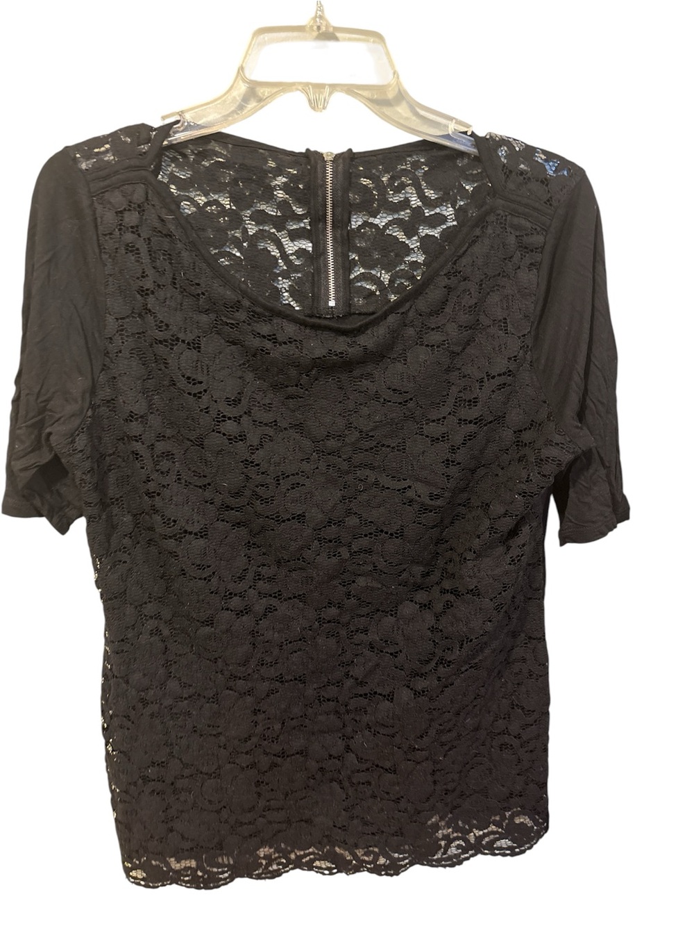 New York & Company Black Lace Short Sleeve Blouse with Back Zip